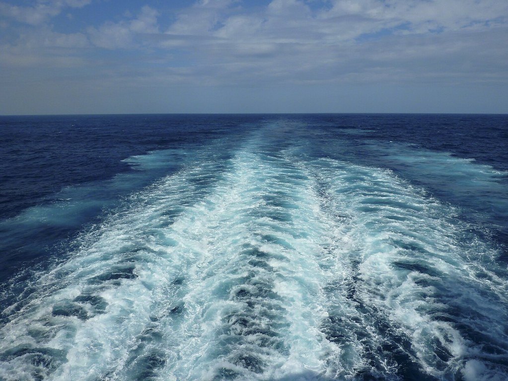The white wake trailing behind a Royal Caribbean ship across the open sea